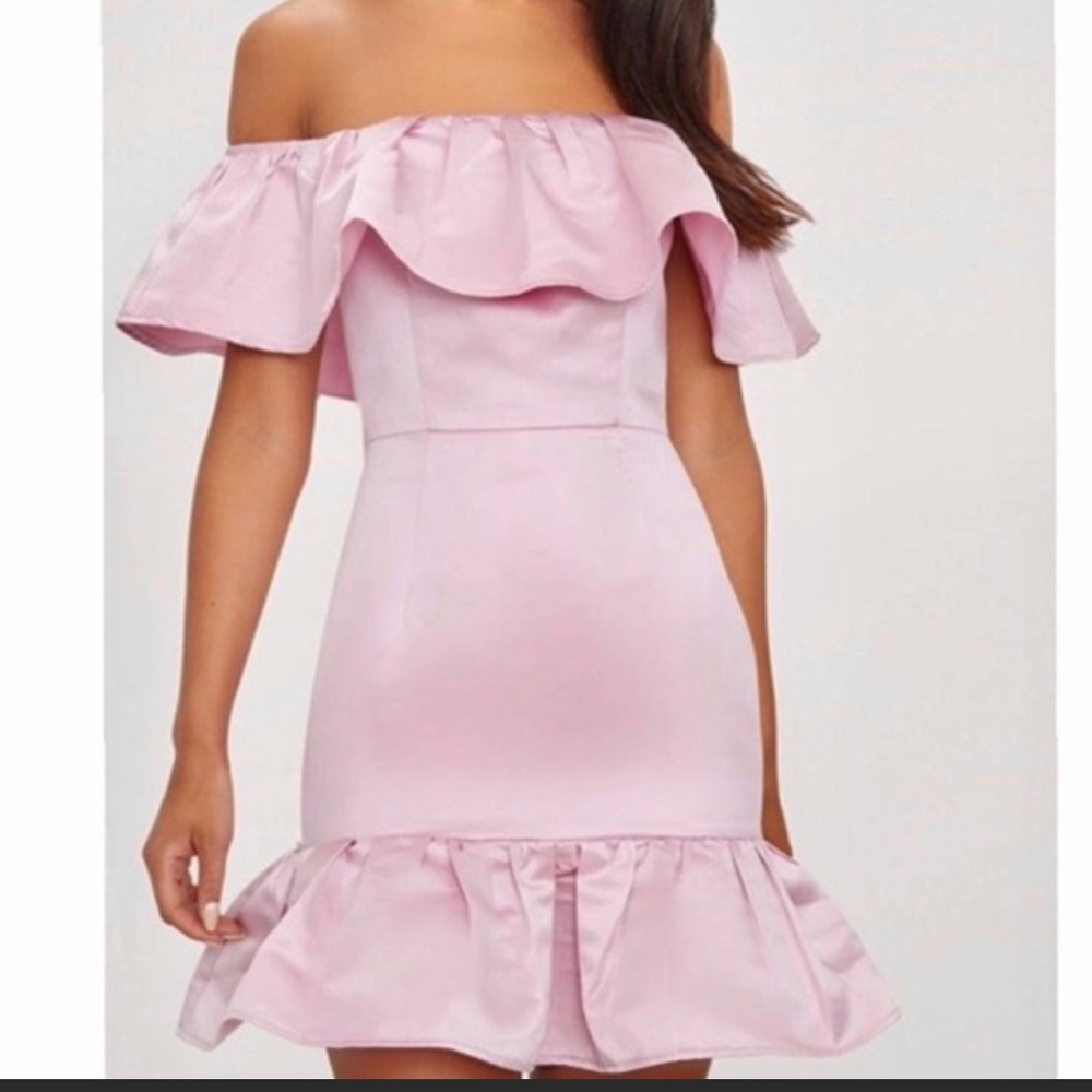 Prettylittlething Satin Ruffle Off The Shoulder Mini Dress